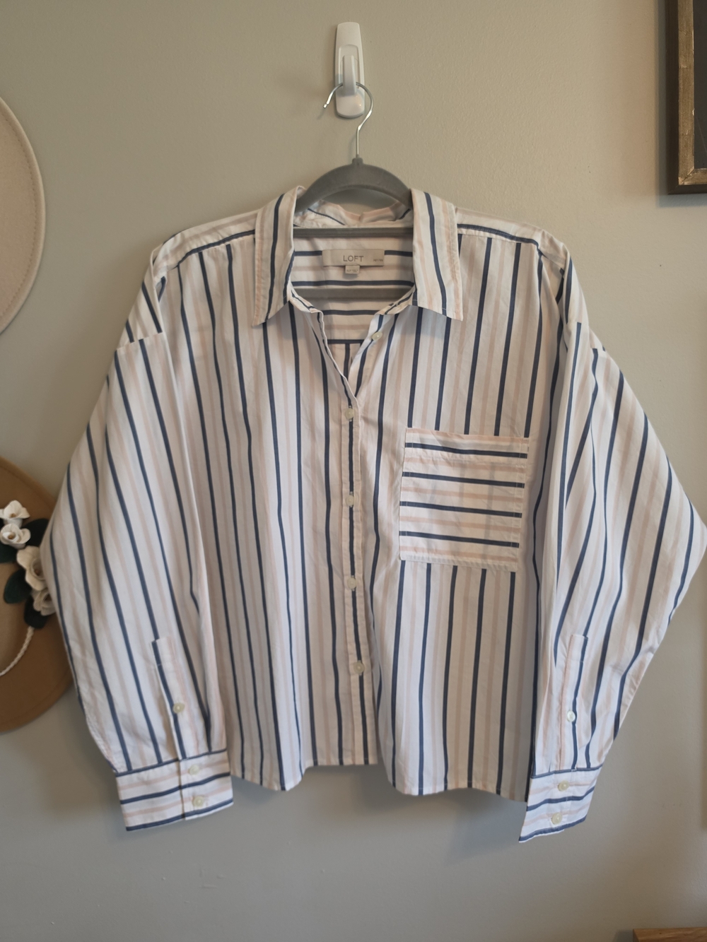LOFT Petite Women's Blue & Pink Striped Button-Up Shirt